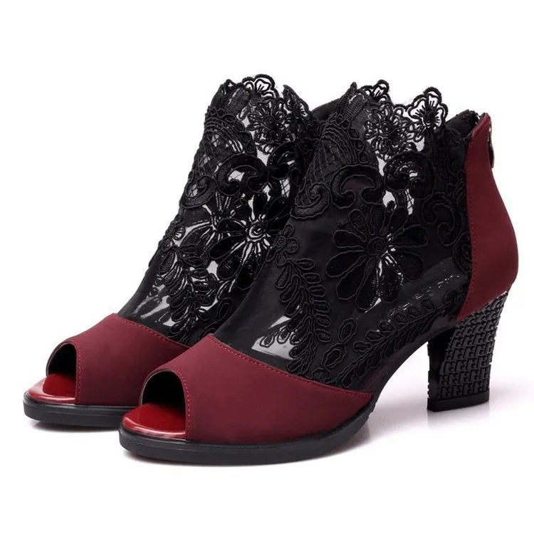 Women's black lace gladiator sandals with square high heel and peep toe design