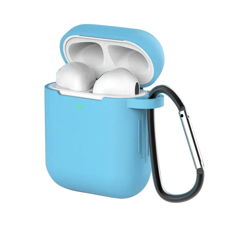 Liquid silicone clamshell cover for Apple AirPods showing colour options including black, blue, purple, green, and yellow