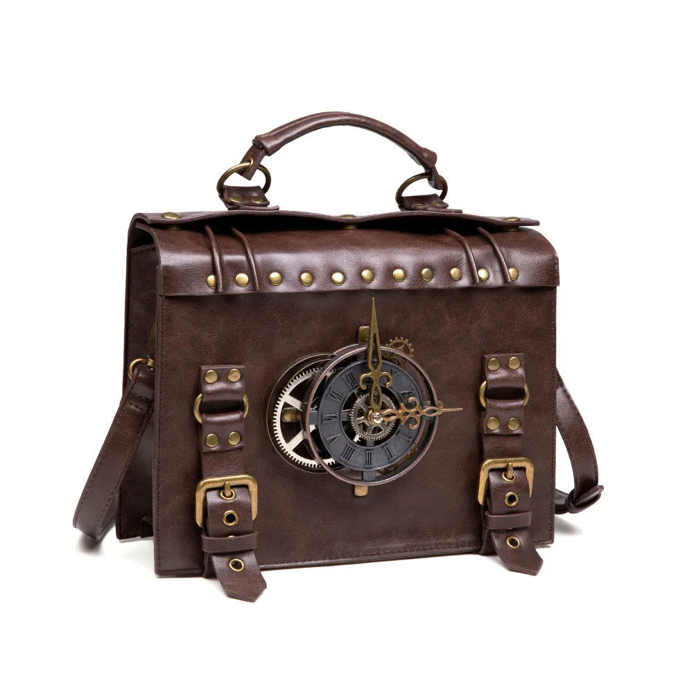 Bronze steampunk industrial retro shoulder bag with metal hardware on horizontal square pillow shape