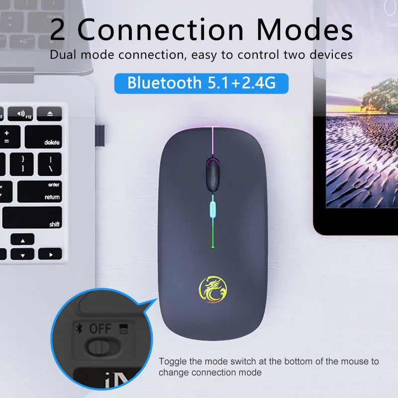 Black or white dual-mode wireless silent mouse with luminous charging indicator and adjustable DPI settings