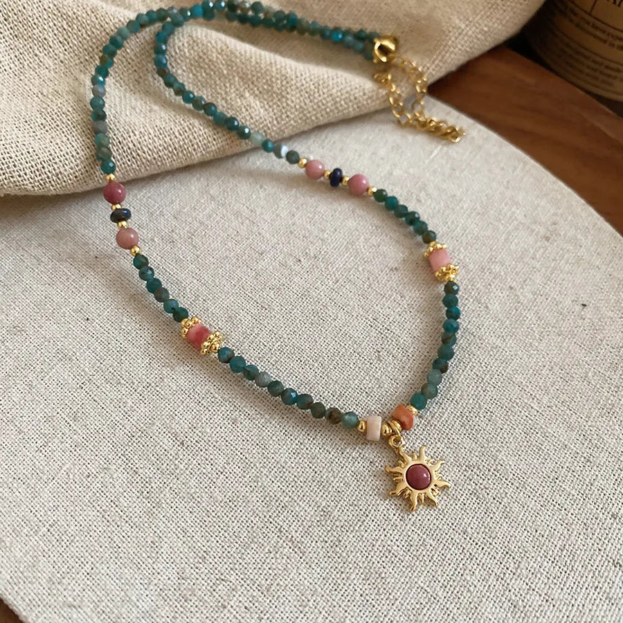 French royal style freshwater pearl necklace with blue sun stone pendant on clavicle chain
