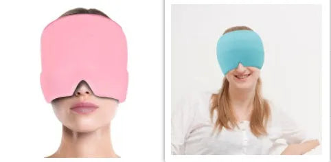 Black elastic cloth gel eye mask for headache relief showing adjustable design