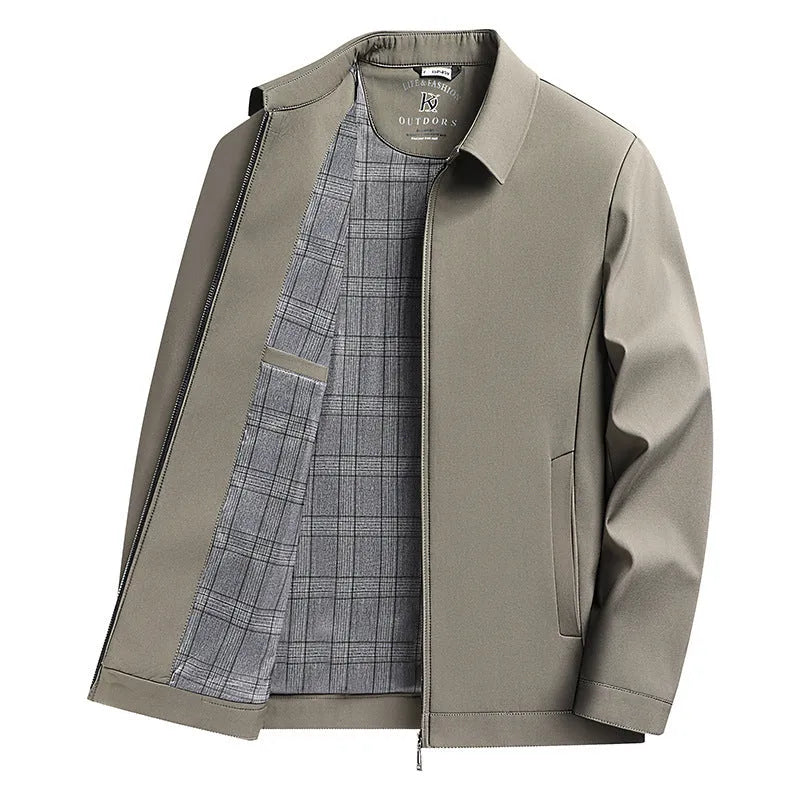 Men's solid colour casual jacket with polo collar and side seam pockets in polyester fabric