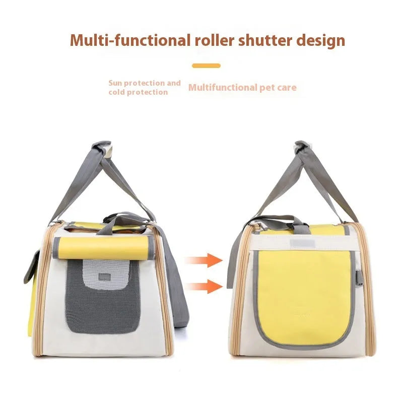 Large foldable single shoulder pet carrier bag in canvas material.