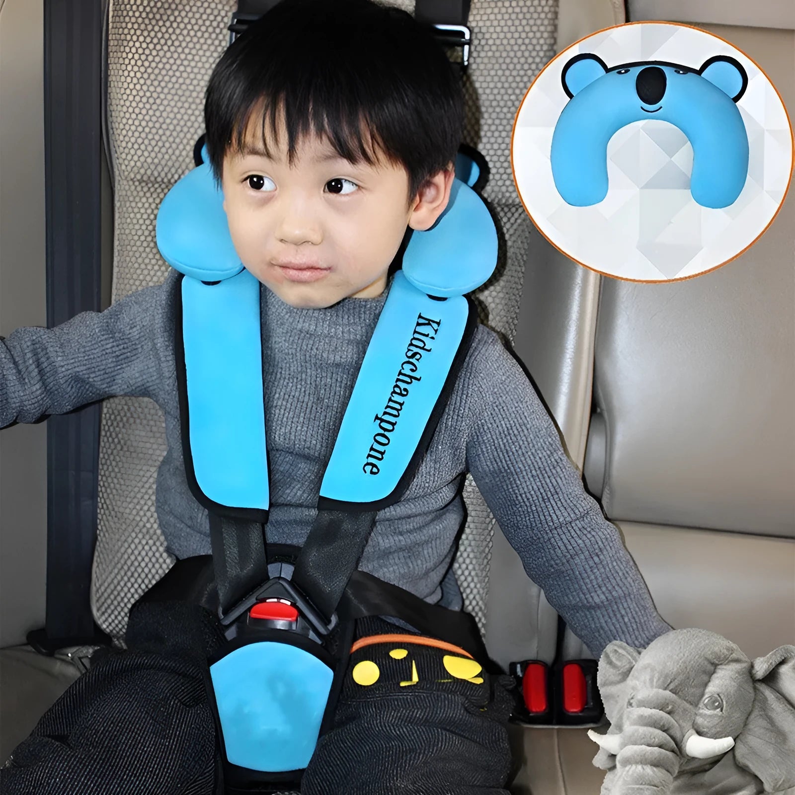 Portable child safety seat belt retainer in rose pink, red, or blue for children 12-36kg