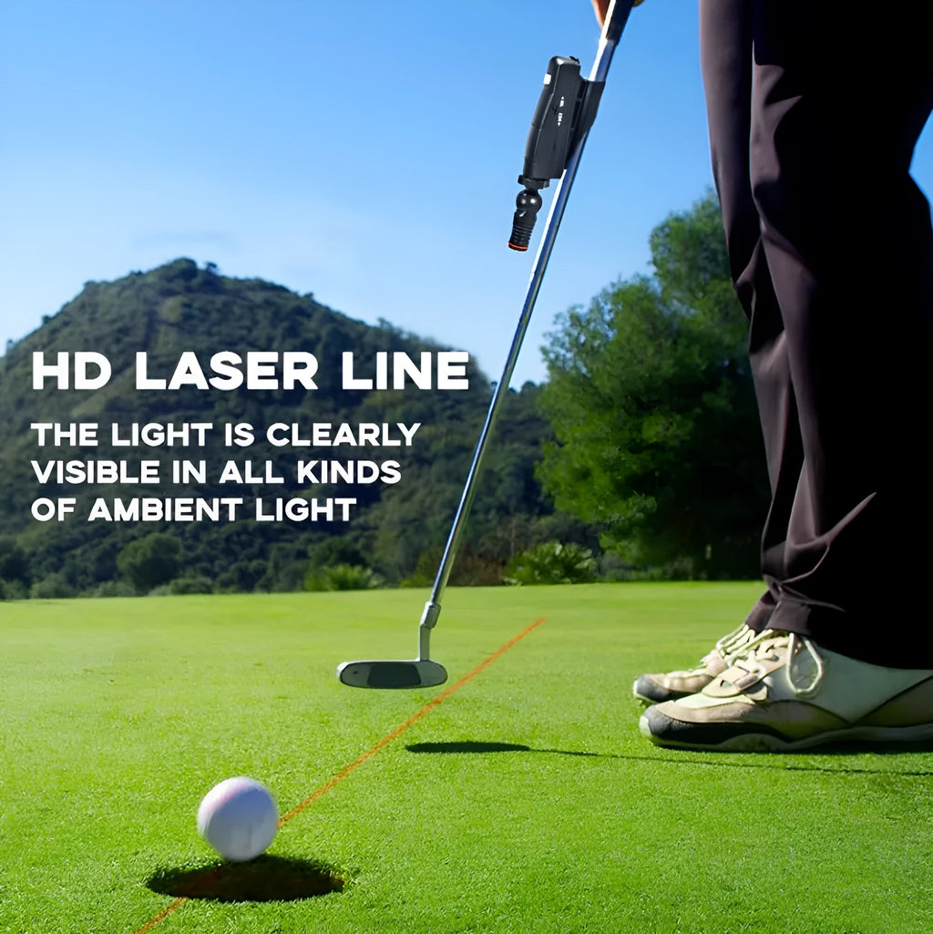 Black golf putter laser aiming sight accessory mounted on putter shaft for alignment practice