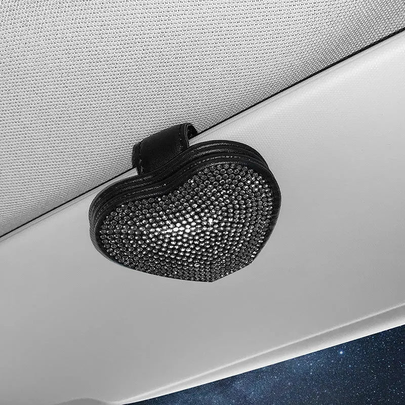Diamond-encrusted PU leather car sun visor organiser clip with magnetic document holder and glasses storage
