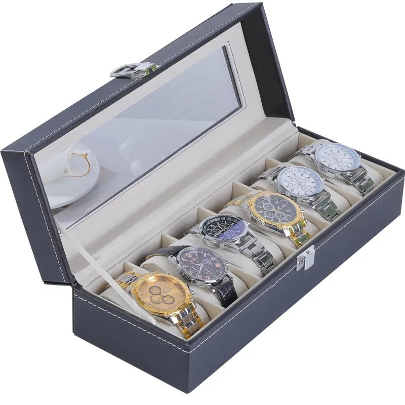 Grey high-grade leather watch storage box with transparent dustproof lid showing internal watch slots