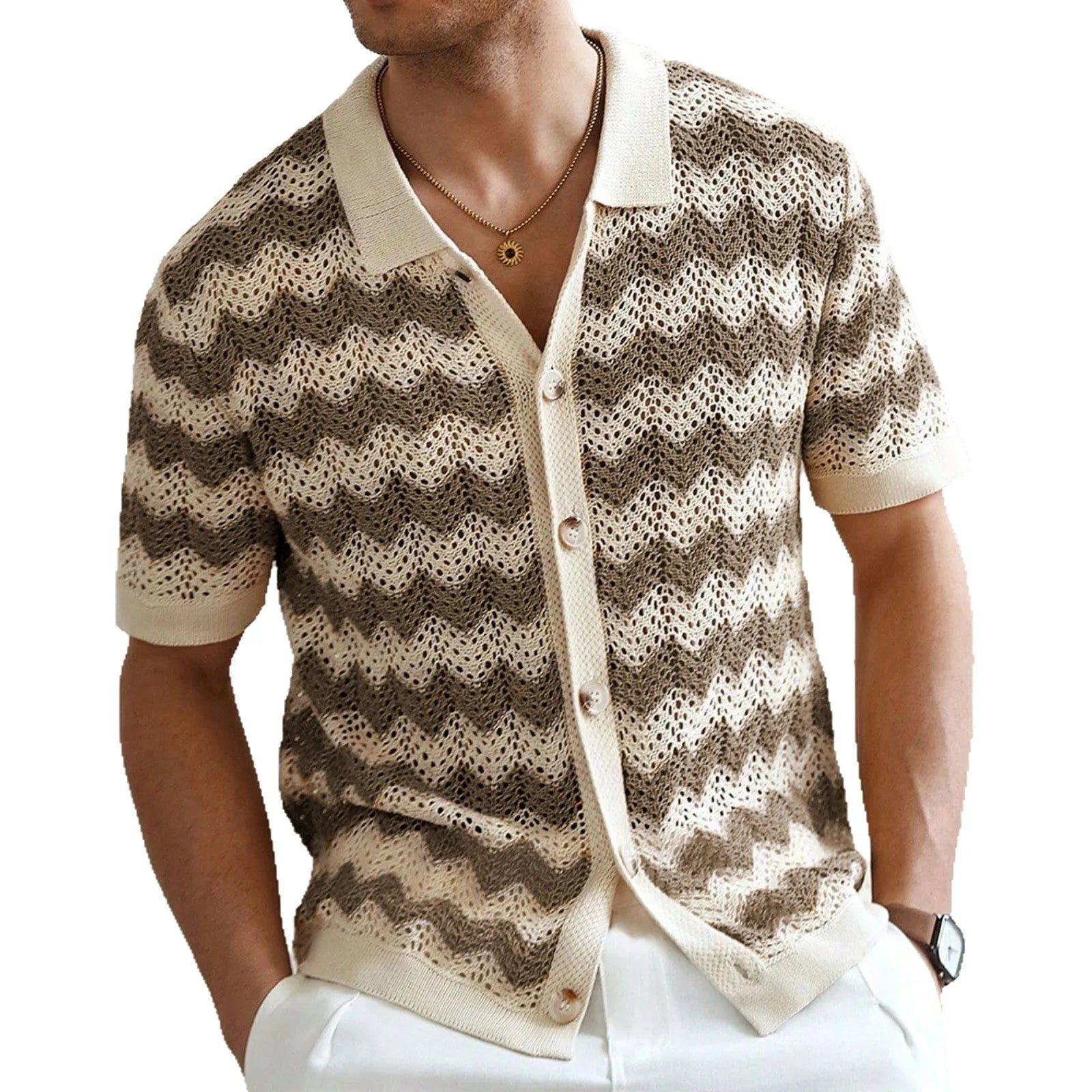 Short sleeve viscose jacquard sweater in yellow, blue, or brown with corrugated pattern