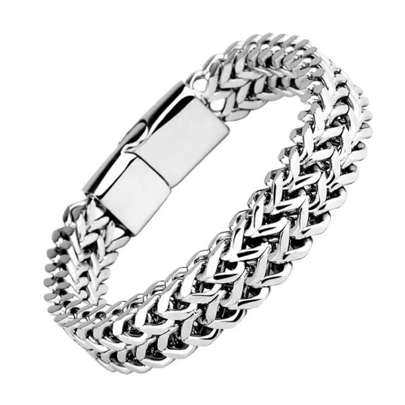 Silver geometric titanium steel men's bracelet shown in 4x8mm and 5x10mm width styles.