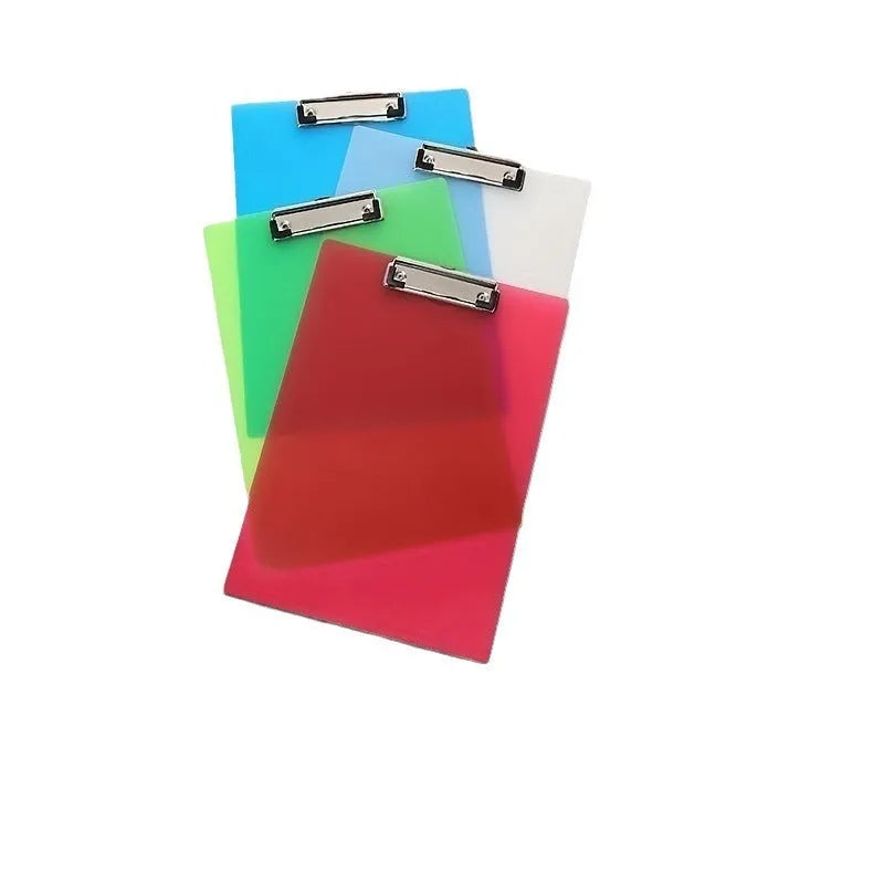 A4 transparent plastic writing board holder with metal clip in multiple colour options
