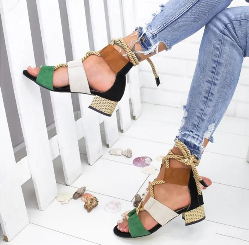Women's beige suede thick-heeled sandals with front strap and ankle strap