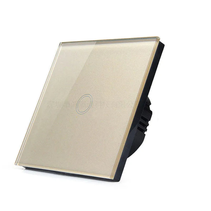 Square tempered glass touch light switch in black, gold, or white finish for wall mounting.