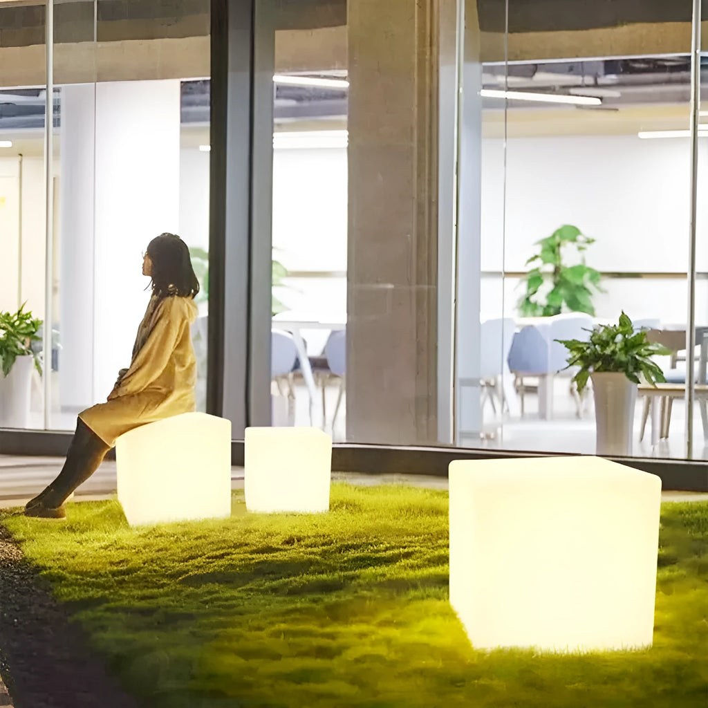 Square LED waterproof cube stool light in modern design with solar and rechargeable power options