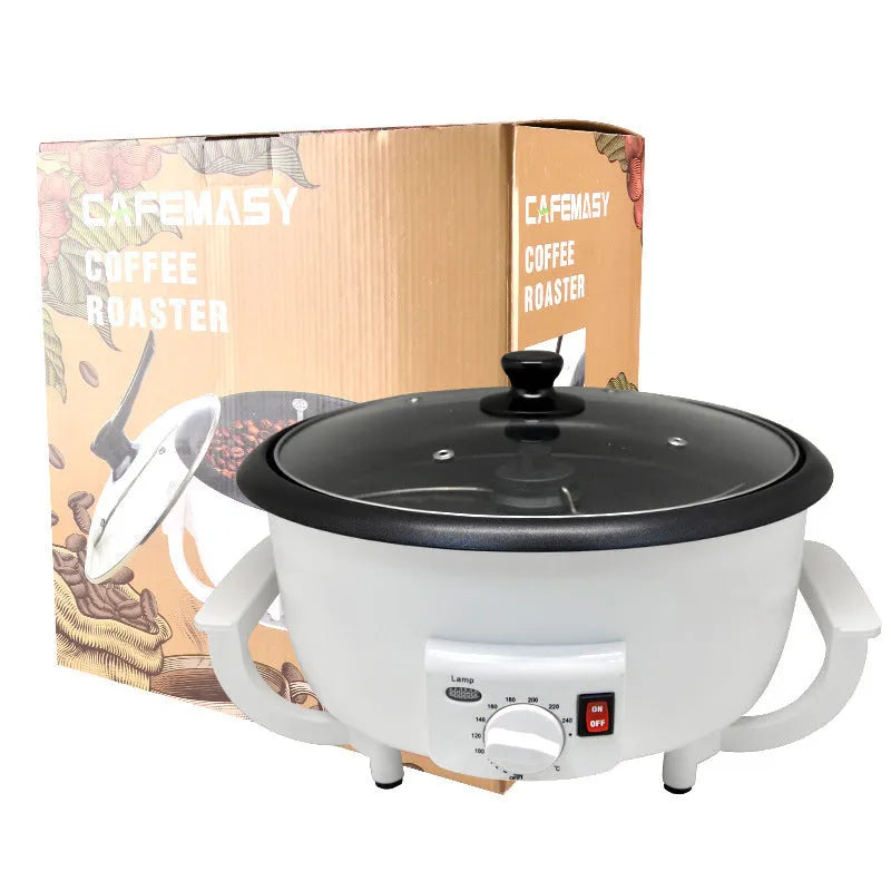 White oblate-shaped home coffee bean roasting machine with 750g capacity.