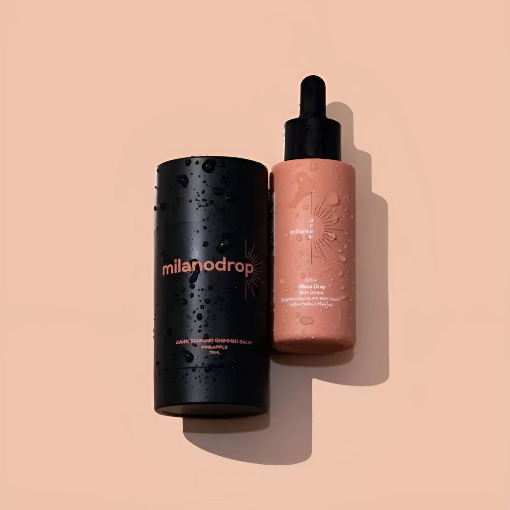 Black essence packaged matte sun tanning liquid products showing 50ml drops and 75ml cream containers