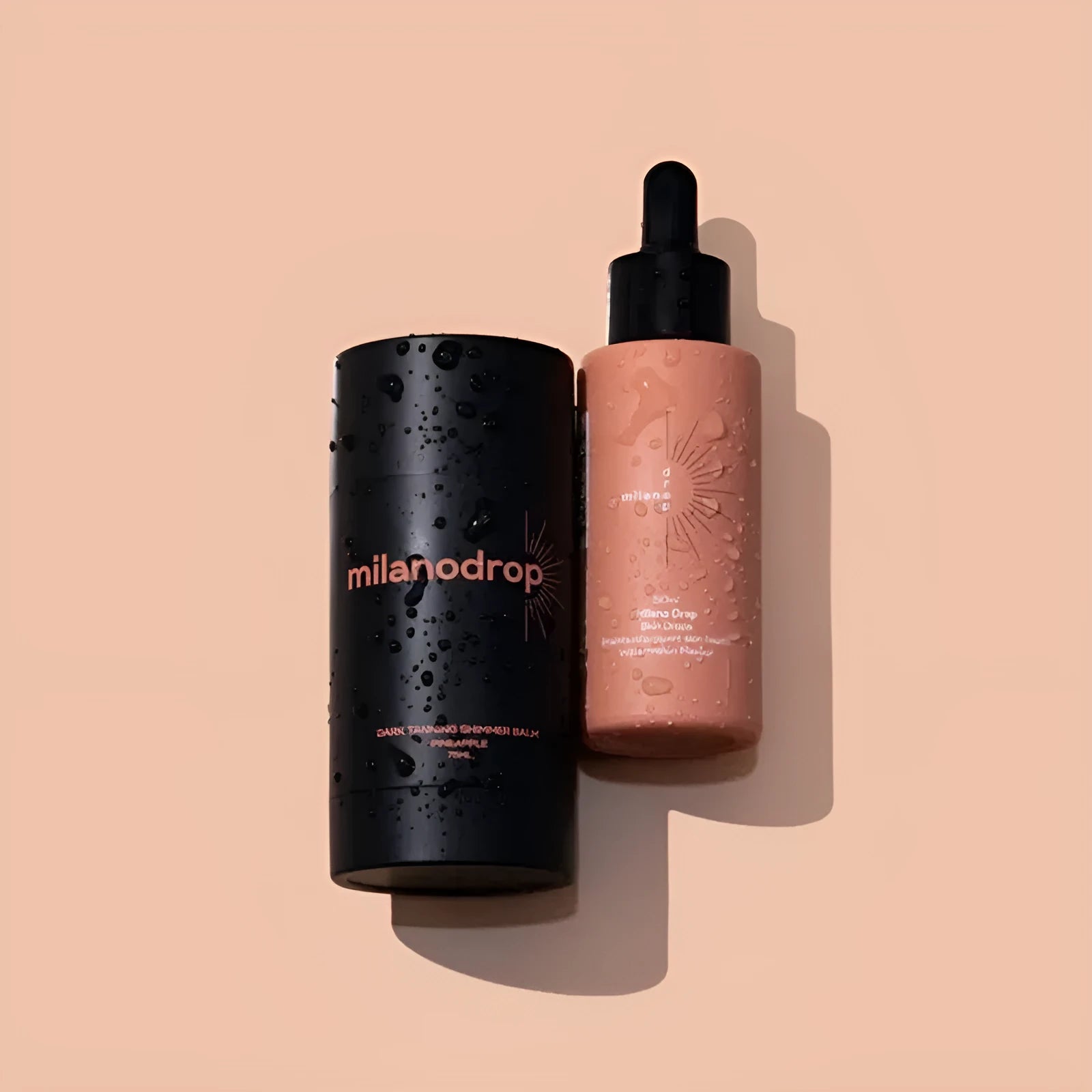 Black essence packaged matte sun tanning liquid products showing 50ml drops and 75ml cream containers