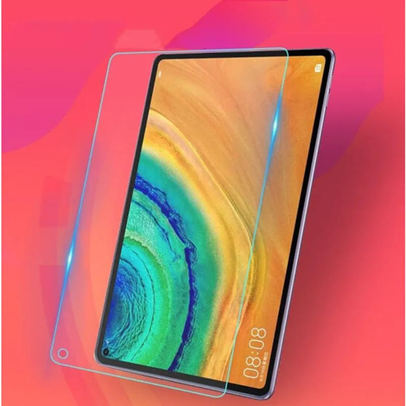 Huawei MatePad tablet with a clear tempered glass screen protector applied, showing model-specific fit.