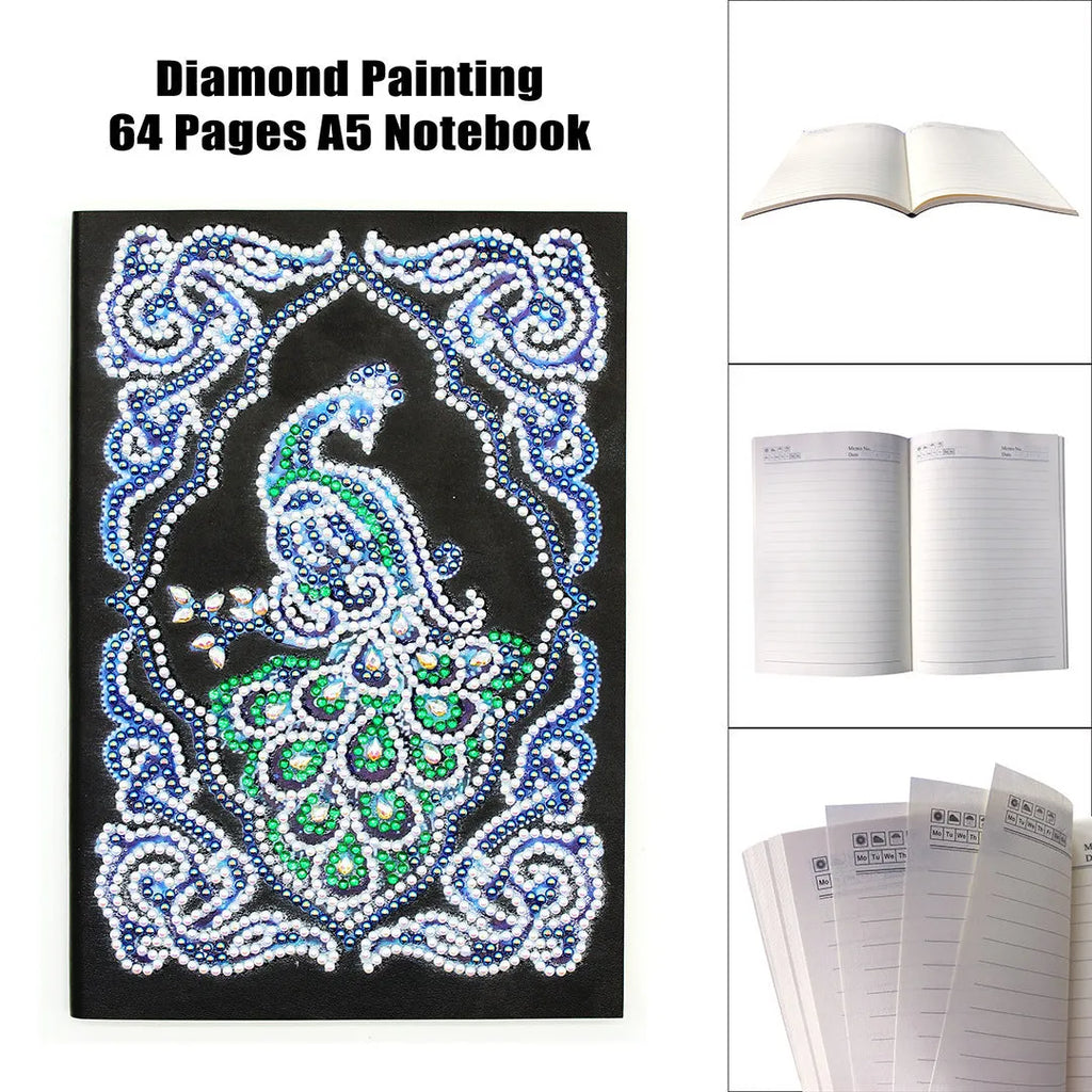 Peacock Beauty diamond painting journal notebook A5 size with black cover and textured drill patterns