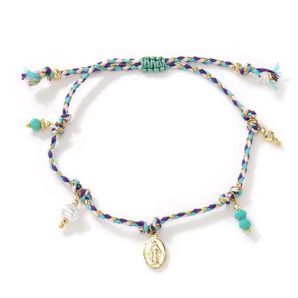 Hand-woven colourful braided rope bracelet with an adjustable carrying strap for women.