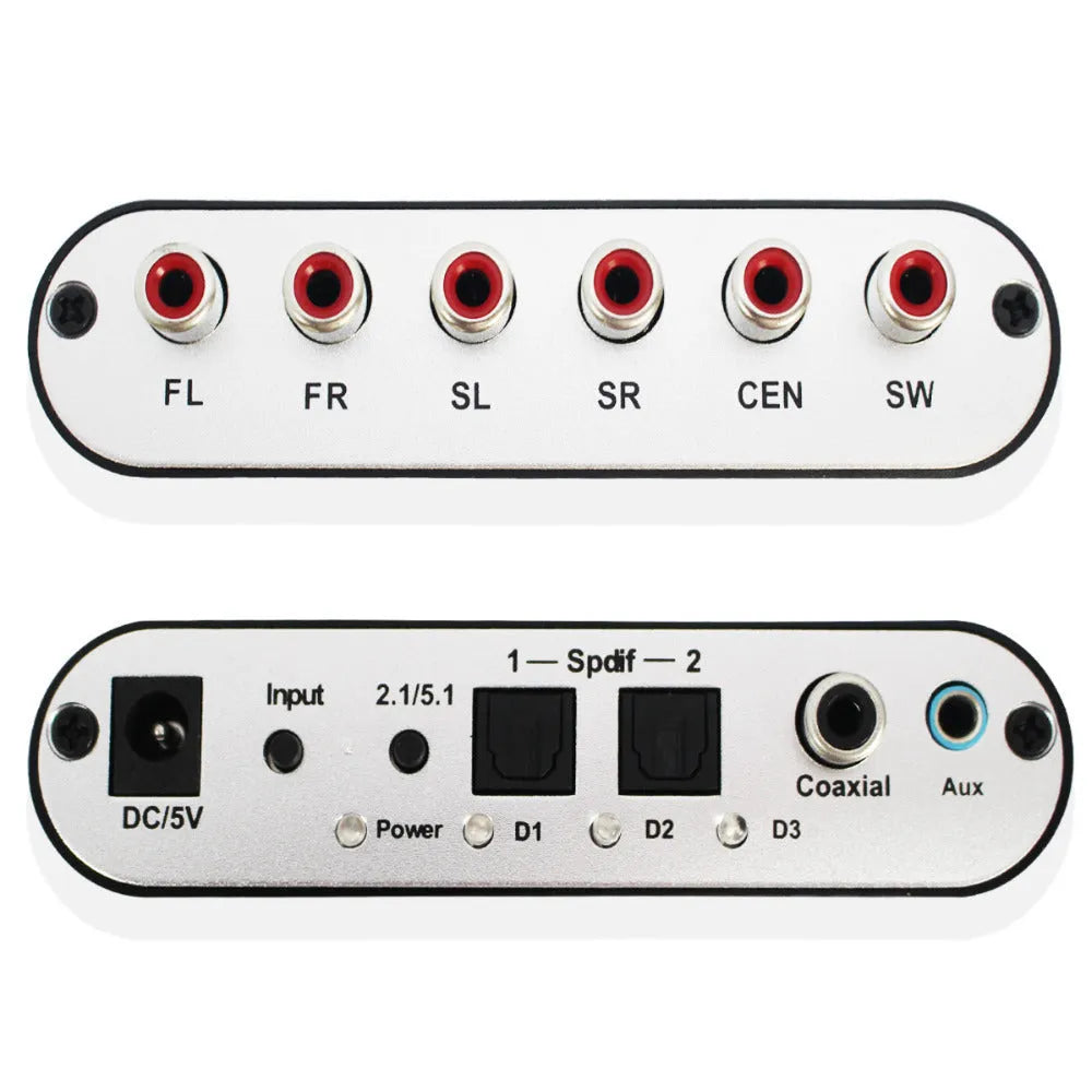 Black DTS Dolby Digital AC-3 audio decoder converter with optical and coaxial inputs for 5.1 channel surround sound.