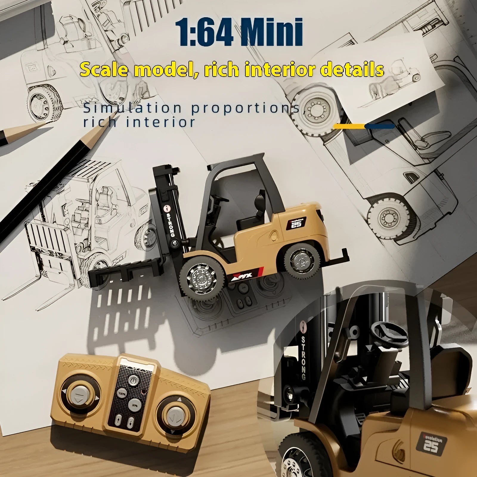 1:64 scale metal alloy remote control forklift model with mini remote, cargo hook, and pallet.