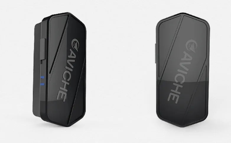 Black plastic wearable air purifier necklace showing front and side views.
