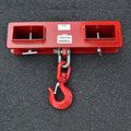Rotatable iron forklift crane hook with safety lock and locking column, mounted on forklift forks.