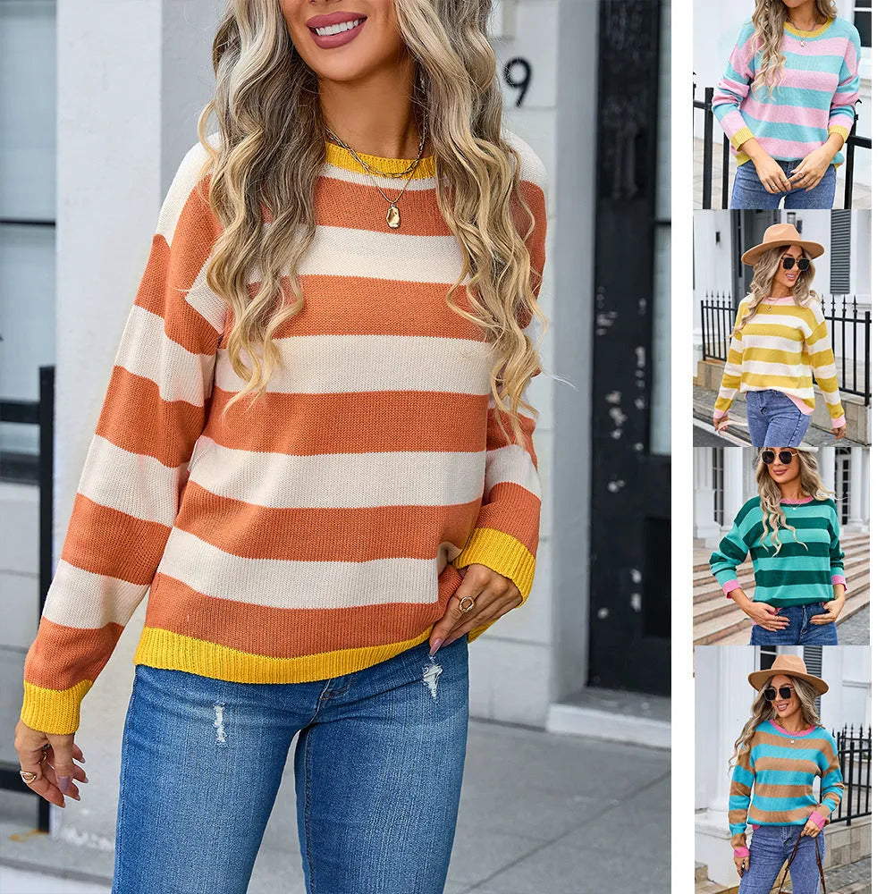 Women's loose long sleeve sweater in a striped pattern, shown in a blue colour option.