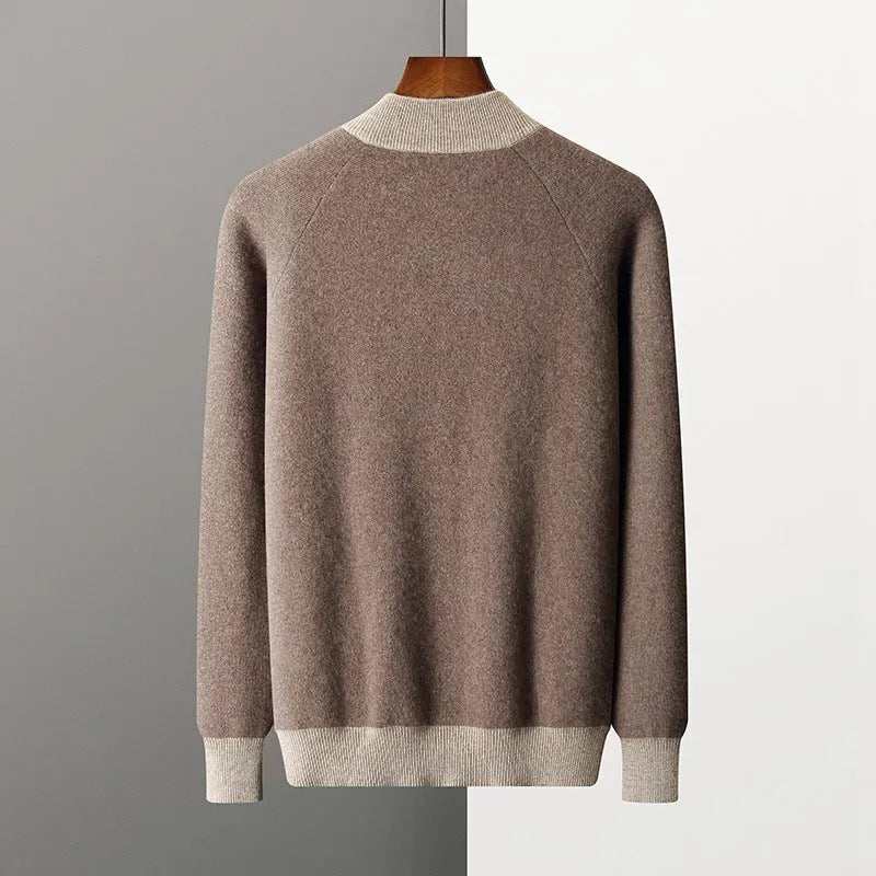 Men's camel coloured cashmere blend knitted cardigan suit with half turtleneck zipper and matching trousers