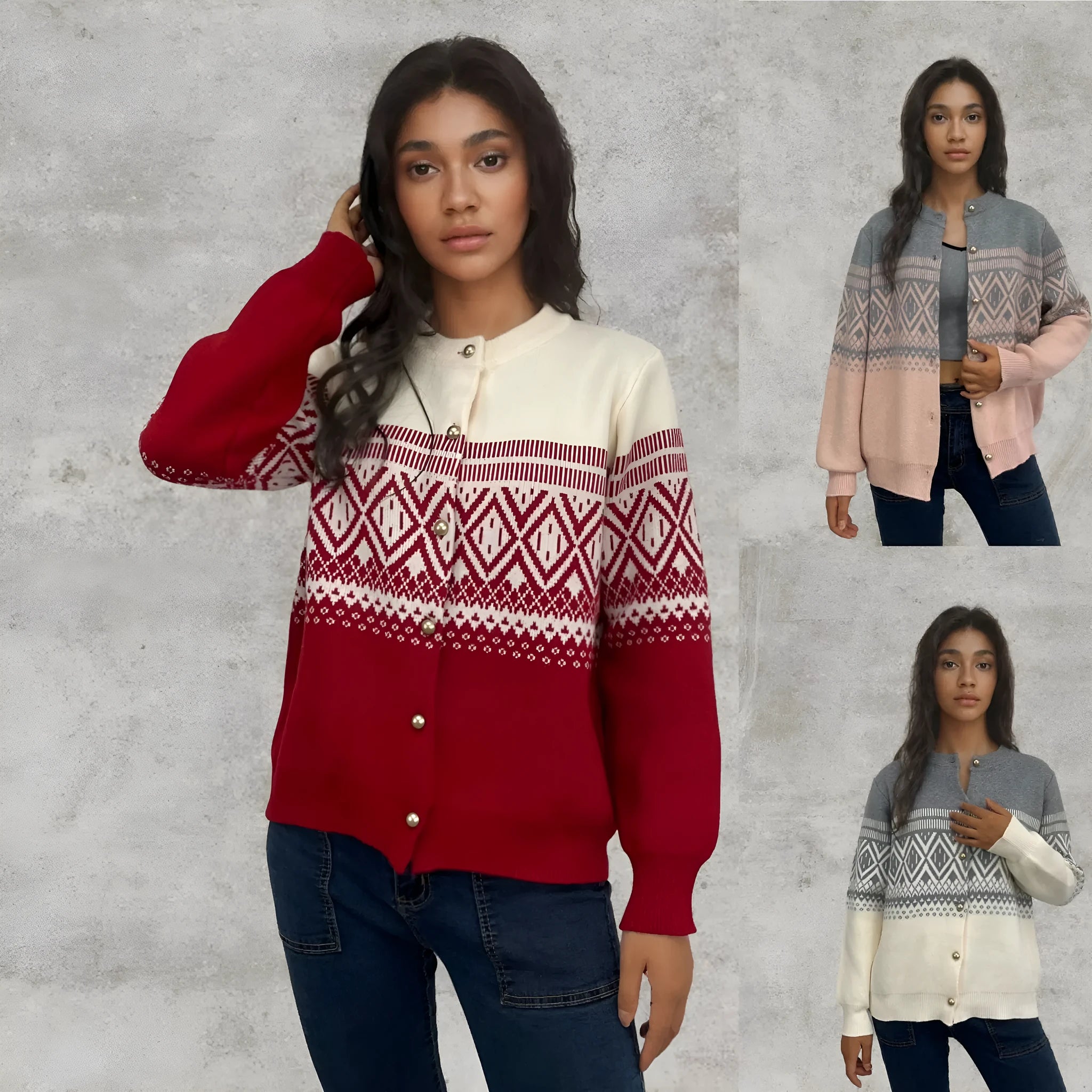 Women's red alpaca wool cardigan with grey contrast sleeves and diamond knit pattern