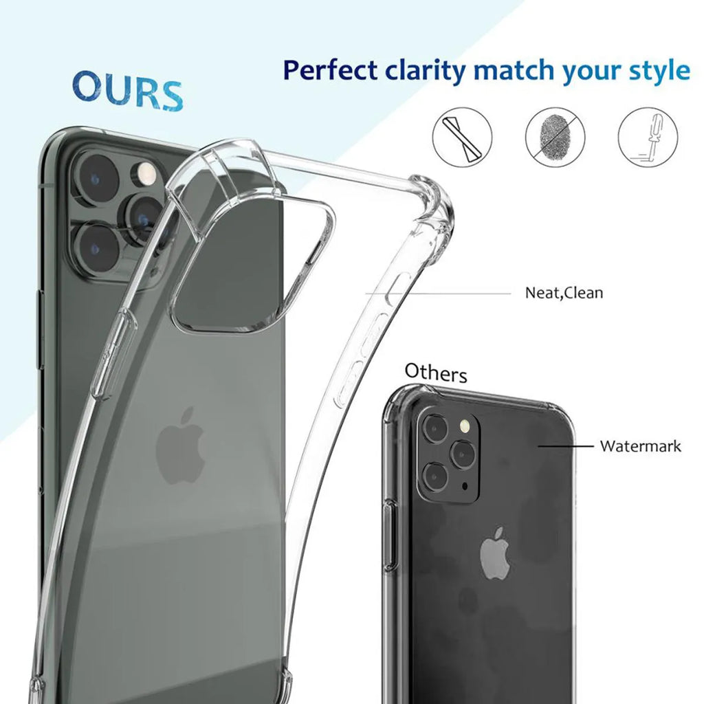 Clear shockproof TPU iPhone case showing transparent protection for multiple iPhone models