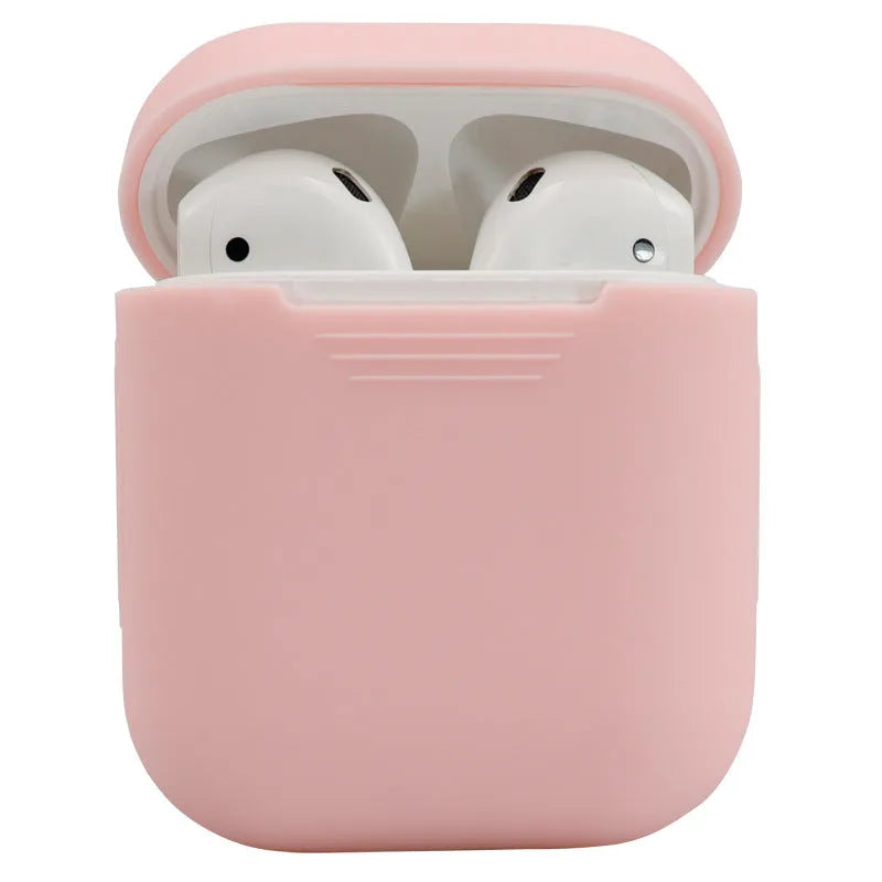 Silicone protective case for AirPods 2 wireless earbuds in assorted colours on a white background.