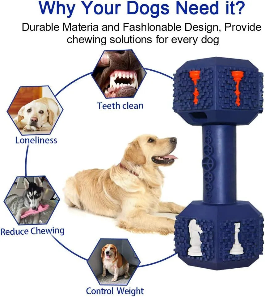 Blue hollow dumbbell-shaped dog chew toy with textured surface on a white background.