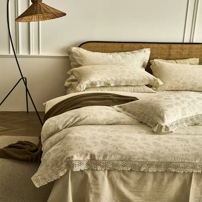 Cotton linen jacquard four-piece bed sheet set with solid colour, lace trim and 48x74 cm pillowcase