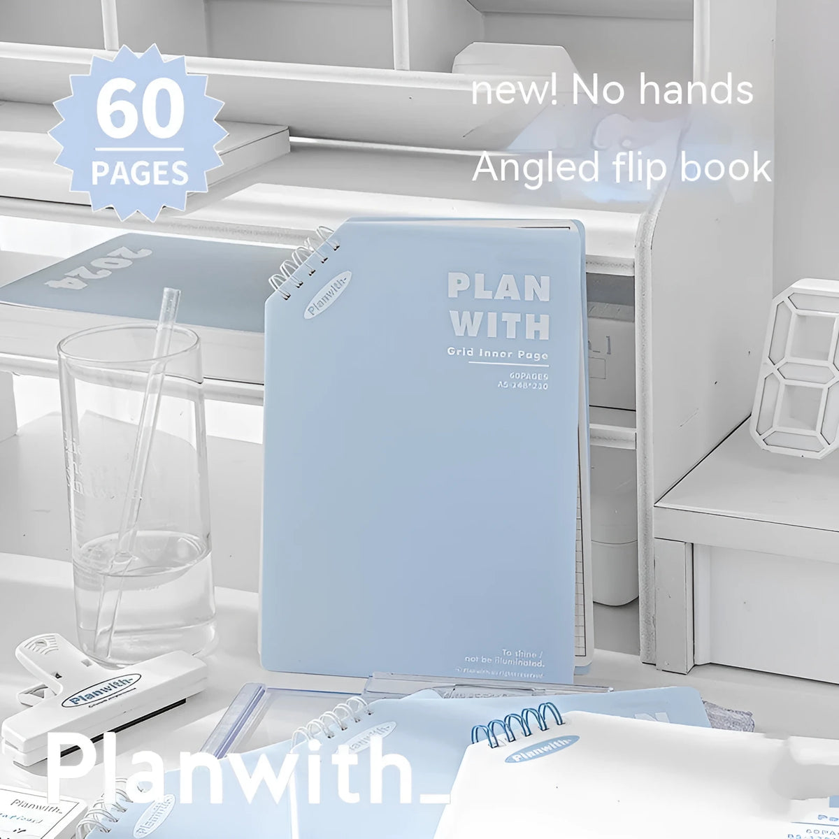 Oblique angle artsy ins style notebook in A5 and B5 sizes with white or plaid blue cover options.