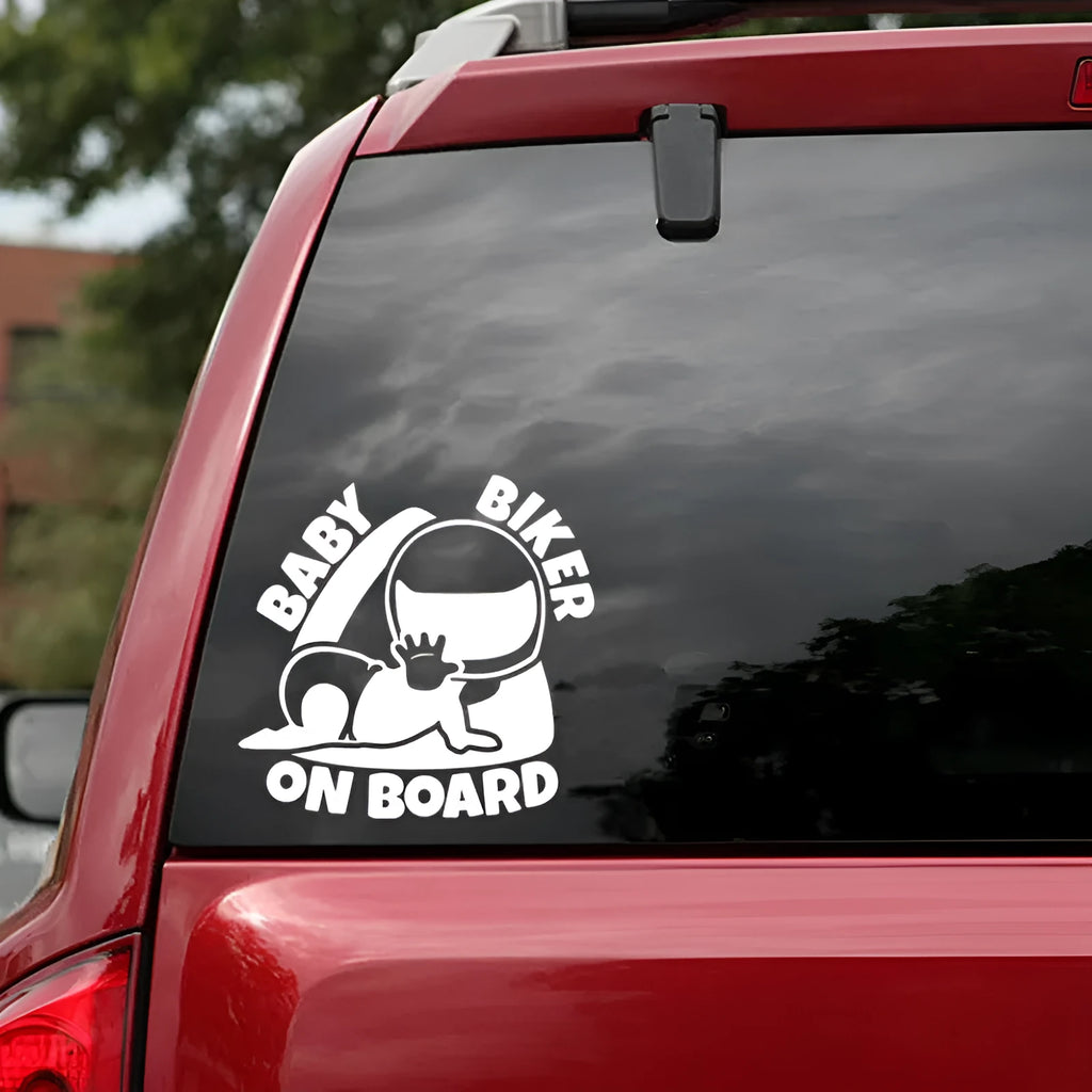 Reflective black and white BABY ON BOARD warning car sticker showing dimensions