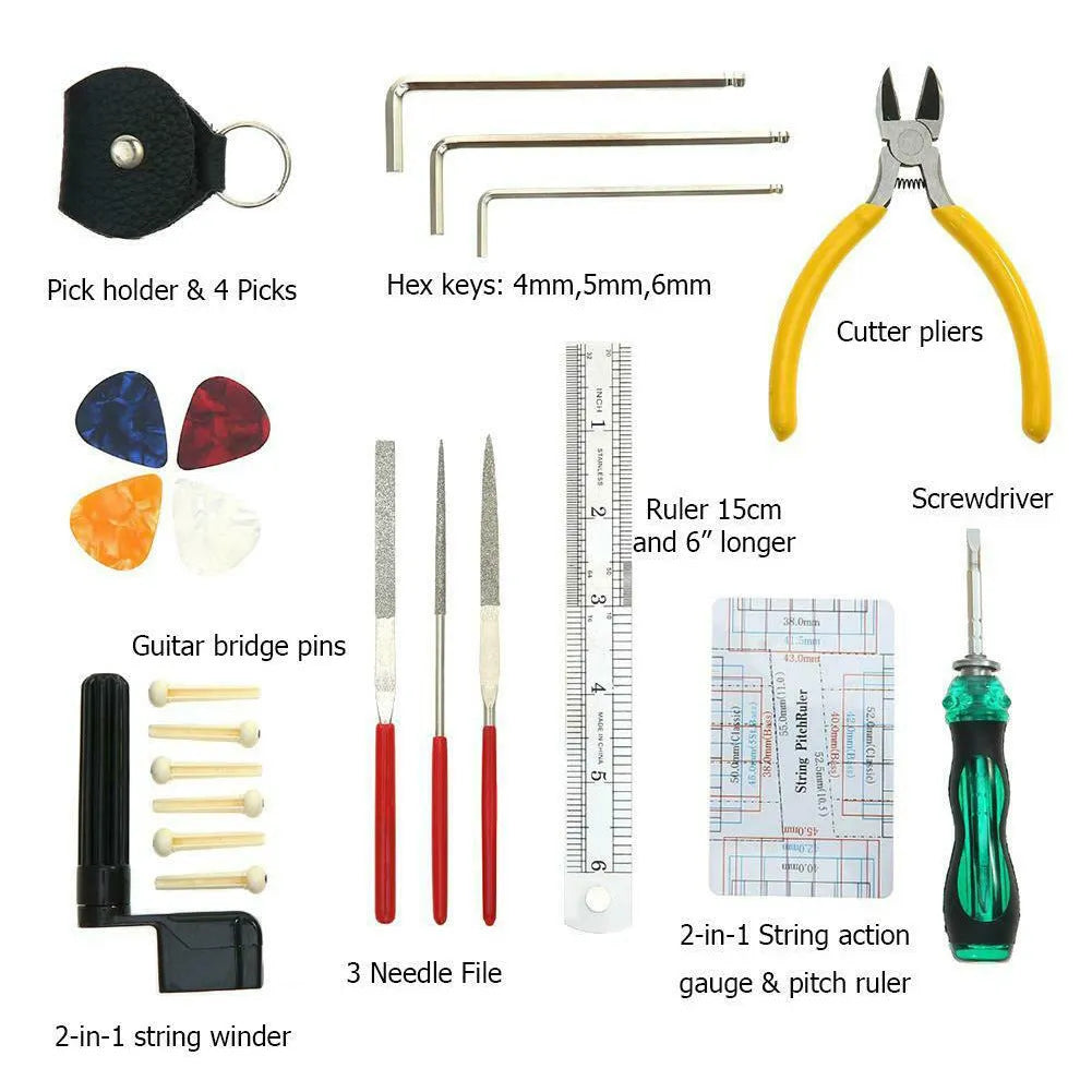 Black plastic guitar repair tool kit for guitars, bass, mandolin, and banjo, showing closed case.