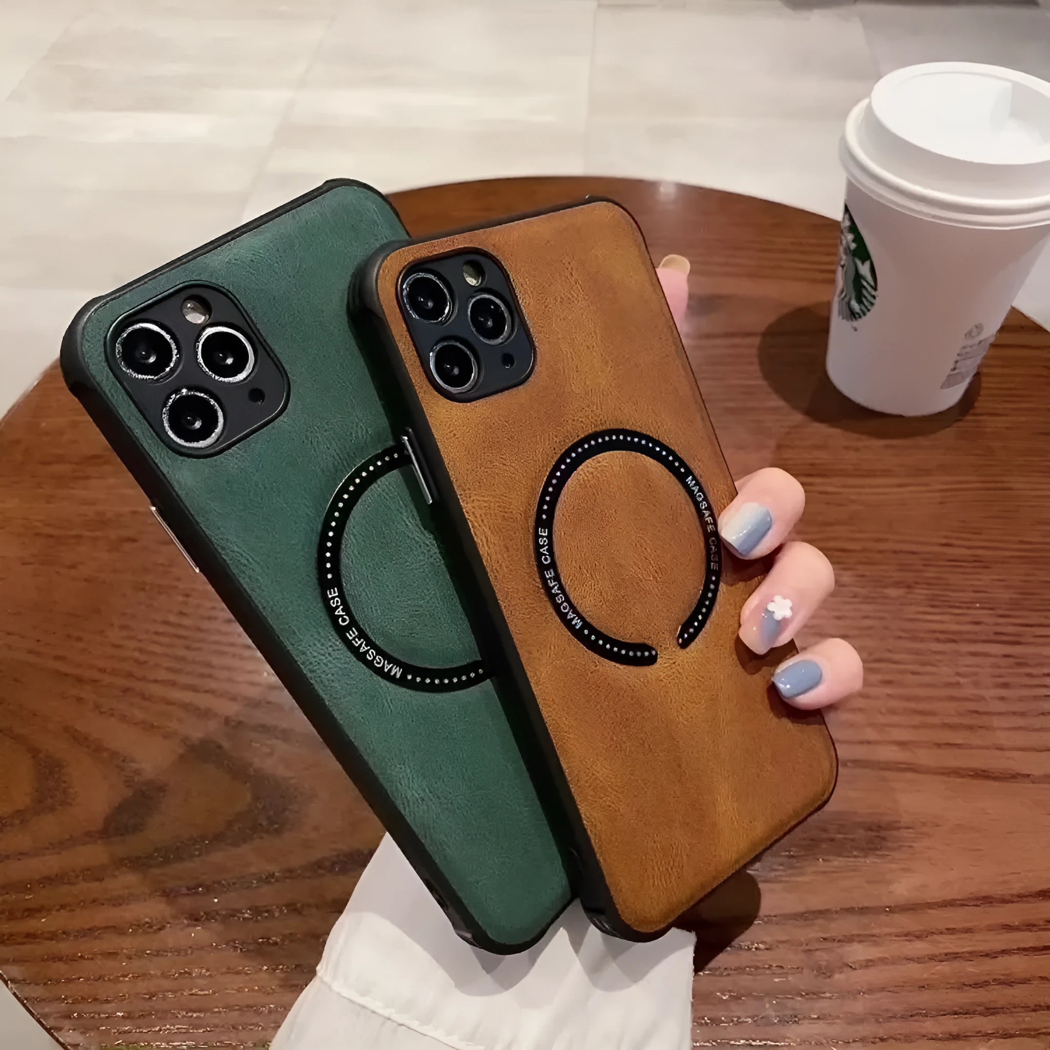 Black imitation leather magnetic charging case for iPhone showing magnetic ring and business styling