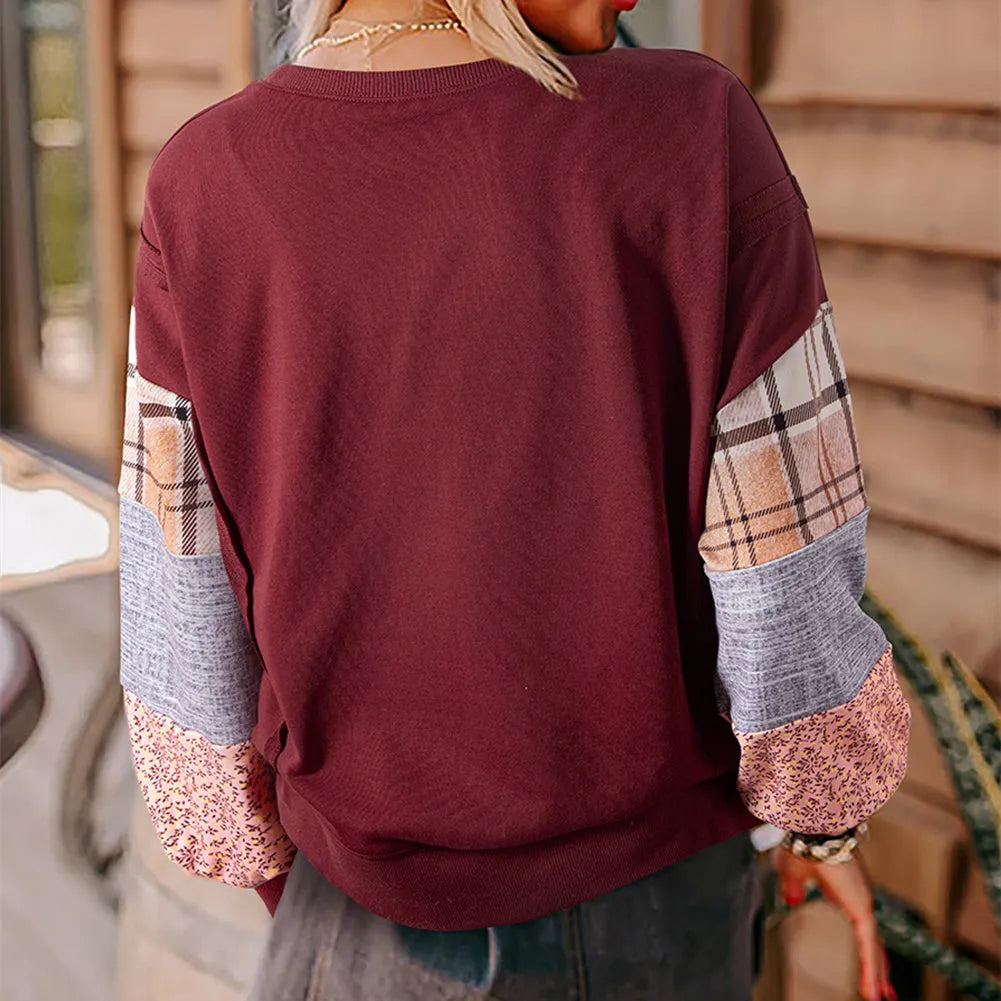 Women's plaid stitching long-sleeved polyester top in beige colour