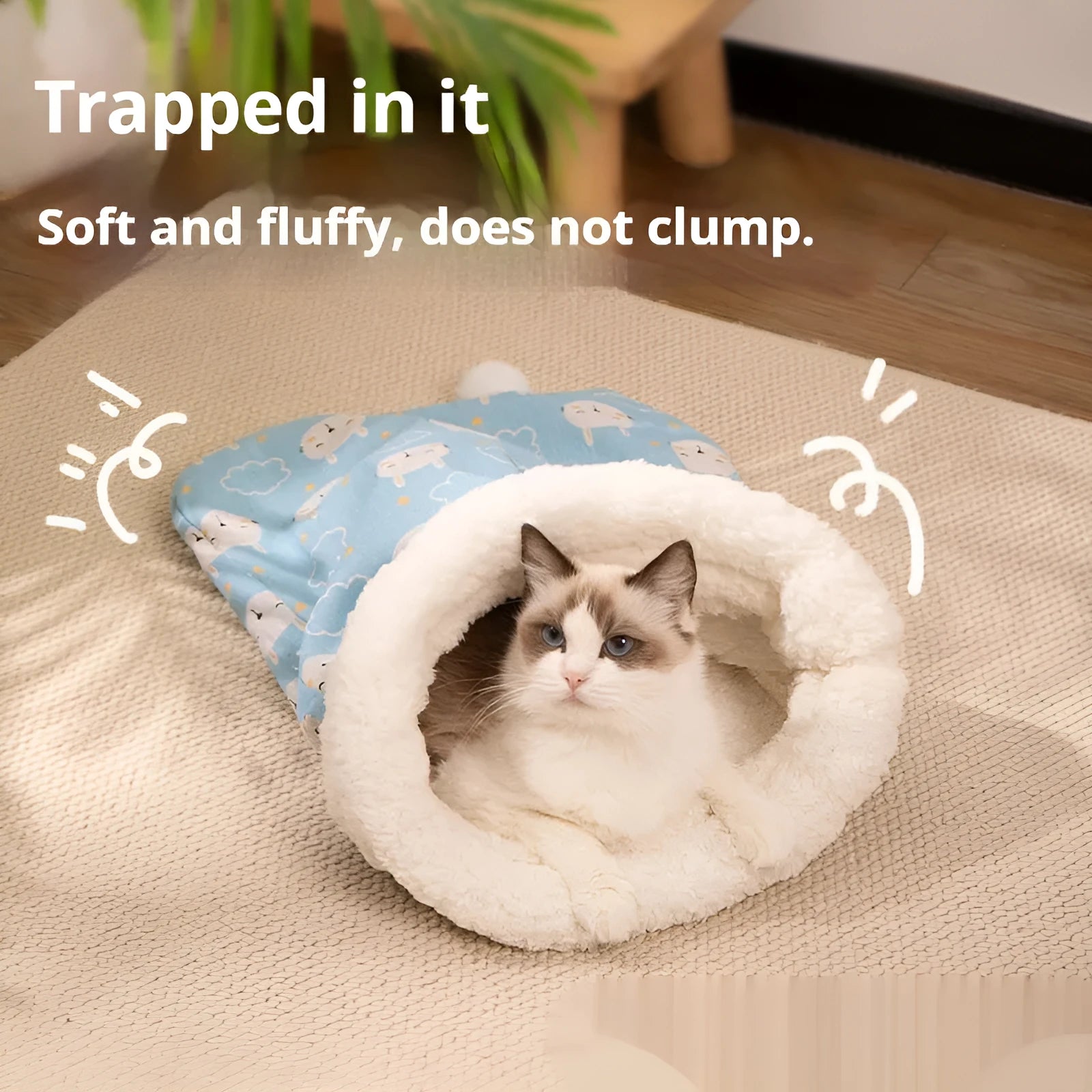 Blue rabbit pattern cat sleeping bag nest measuring 50cm by 40cm with flannel lining