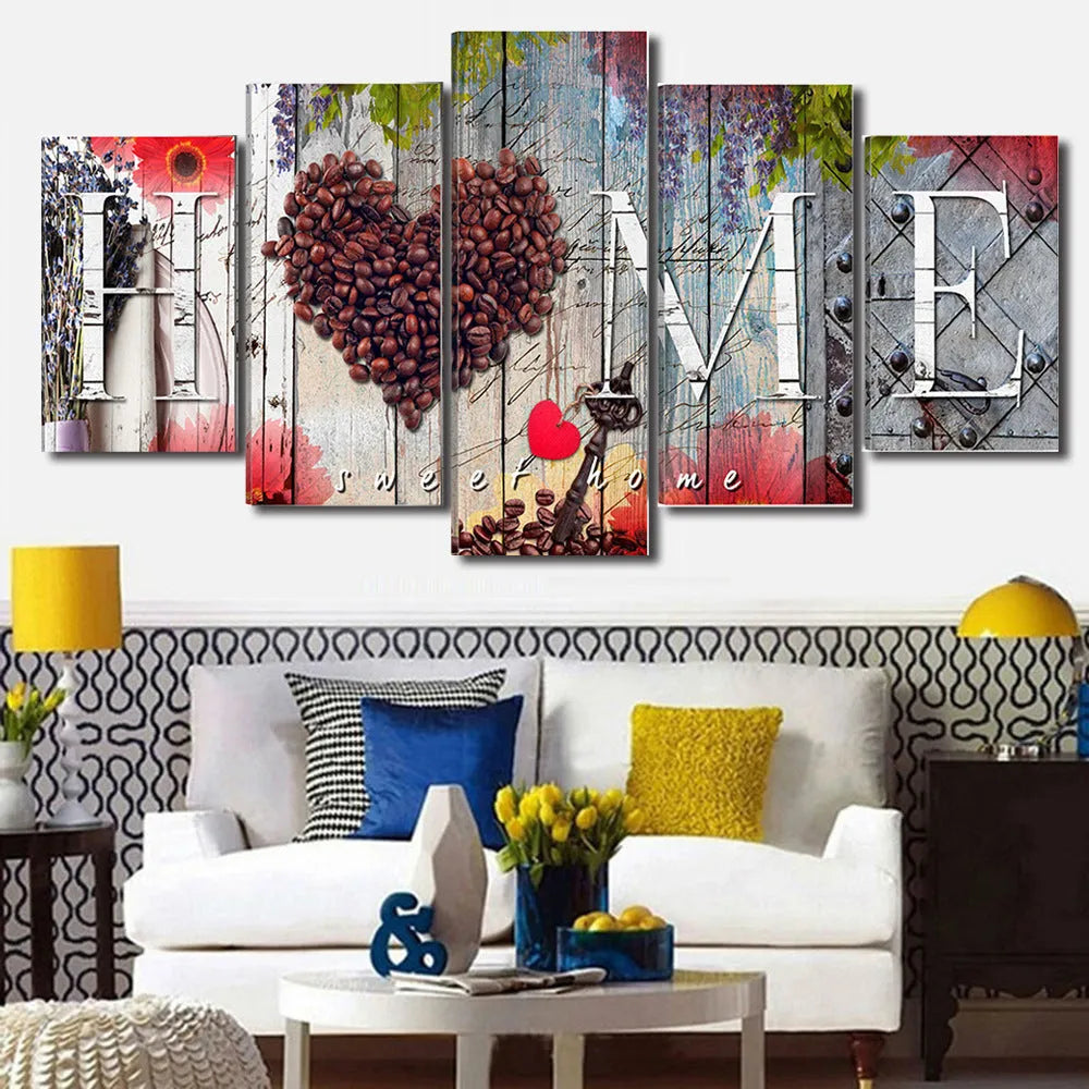 Red oil painting wall decoration boards in multiple sizes arranged on white wall