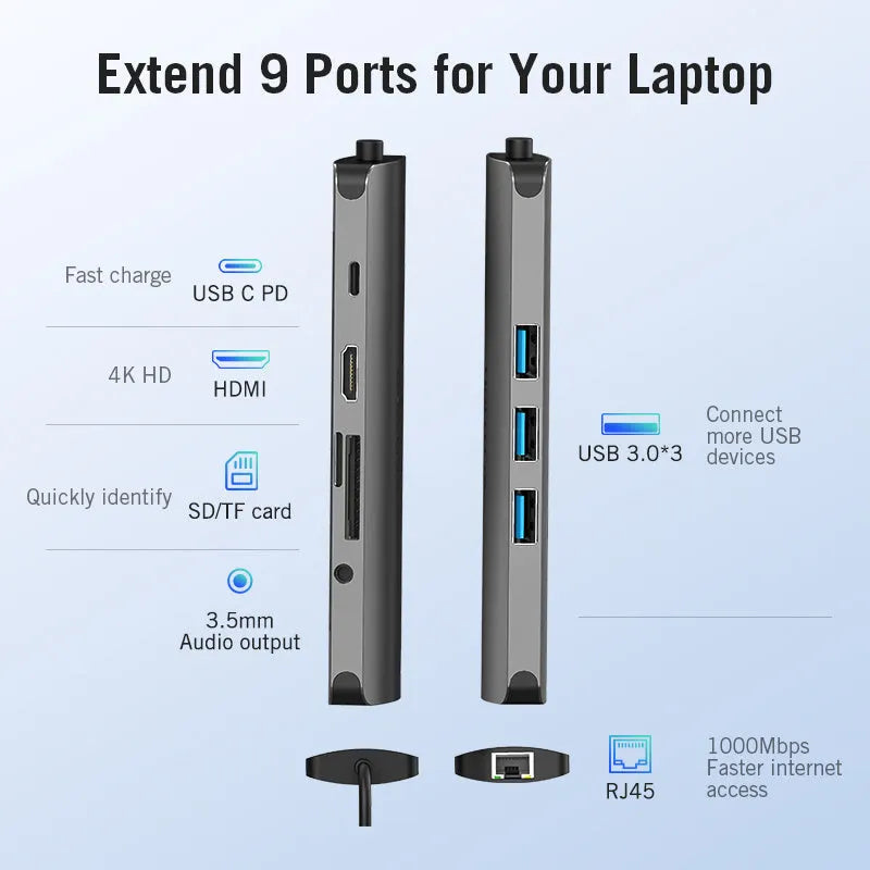 Deep grey USB C multiport adapter with HDMI USB 3.0 Ethernet SD TF ports and 87W PD charging cable