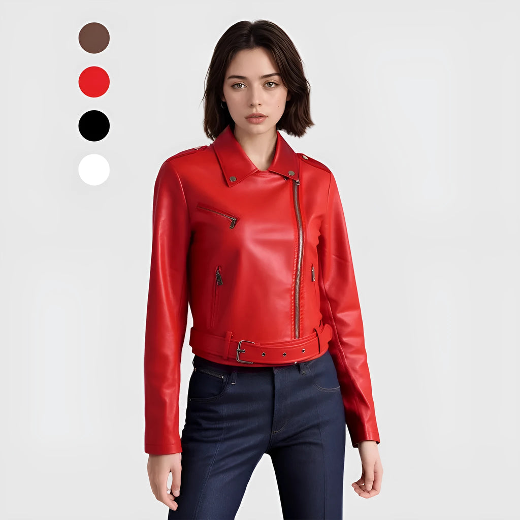 Women's black PU leather motorcycle jacket with lapel collar and waist belt