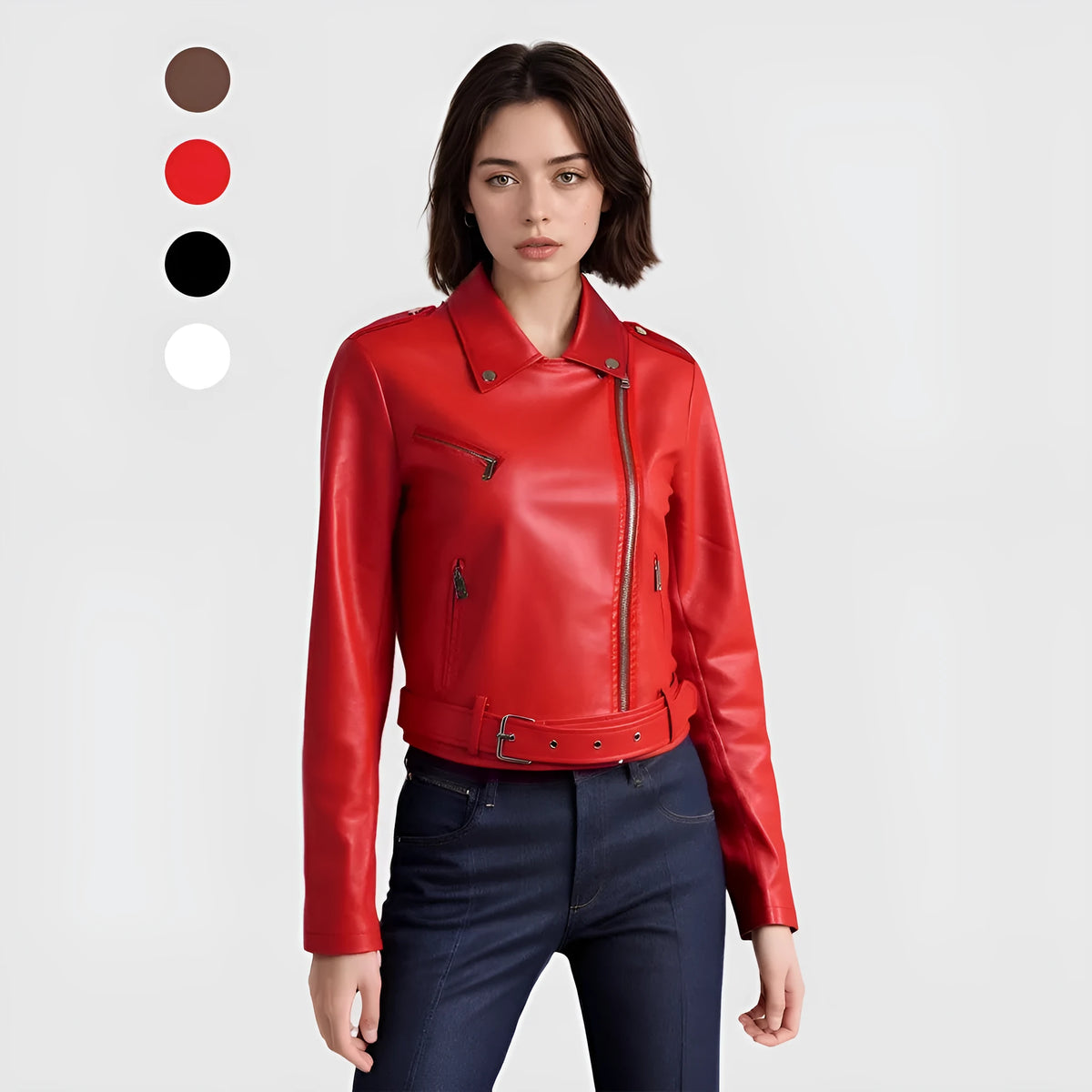 Women's black PU leather motorcycle jacket with lapel collar and waist belt