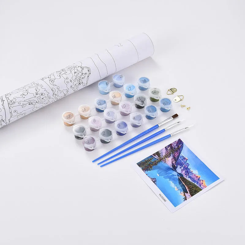 DIY sea view villa oil painting kit with blue acrylic paints on 40x50cm linen canvas