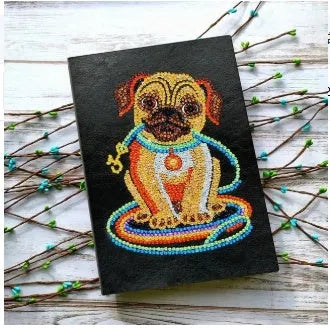 Black A5 diamond painting notebook with 50 pages, shown closed with dimensions 142mm by 207mm.