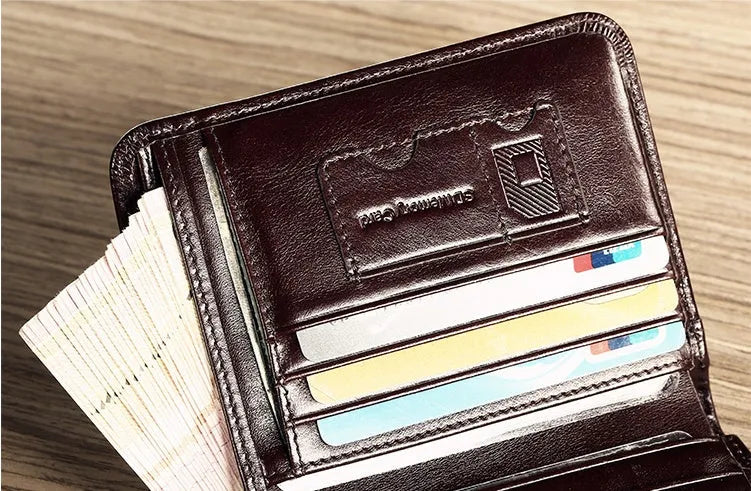 Men's leather wallet in black or brown showing internal compartments for cards, photos, banknotes, coins and documents