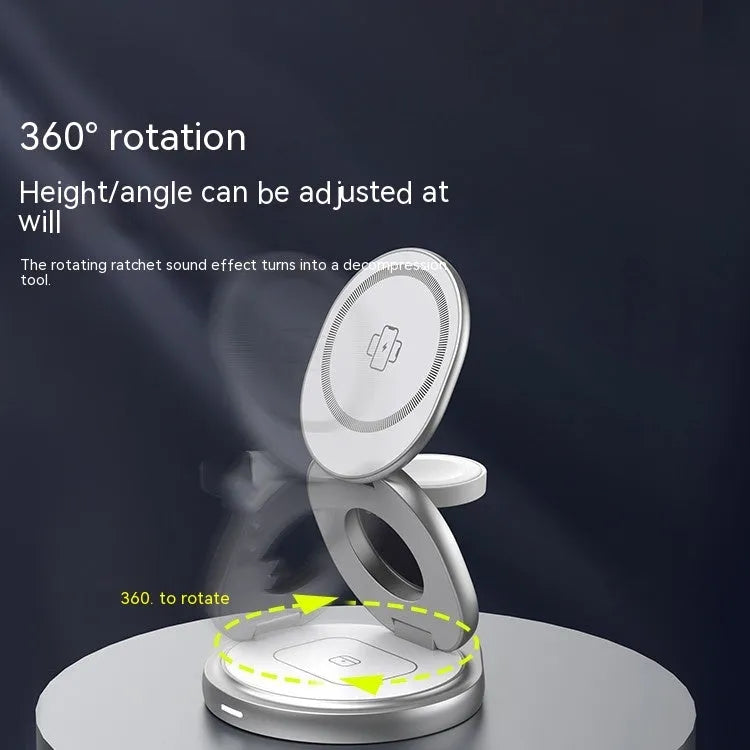 3-in-1 magnetic folding wireless charger stand, 88 x 80 x 25 mm, grey or silver, Type-C