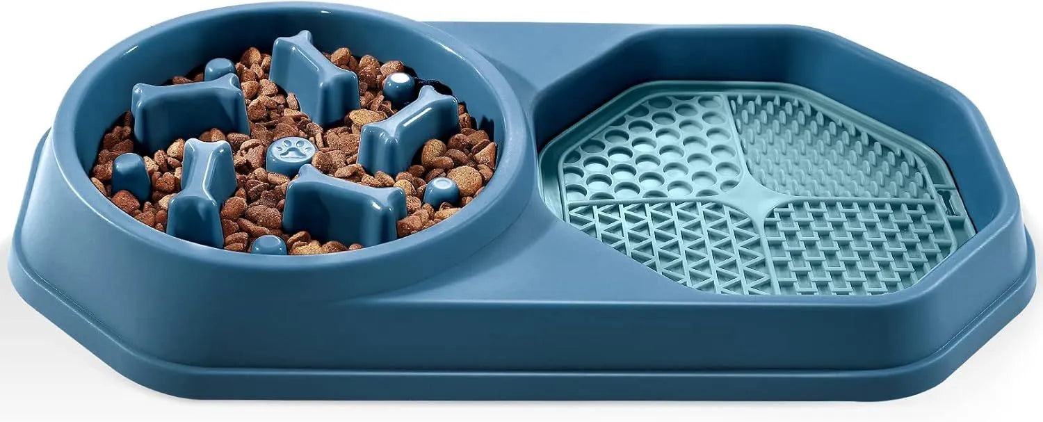 Blue slow feeder dog bowl with maze pattern for anti gulping feeding